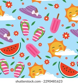 summer pattern background. Colorful seamless summer pattern with hand drawn beach elements. Colorful summer seamless pattern.