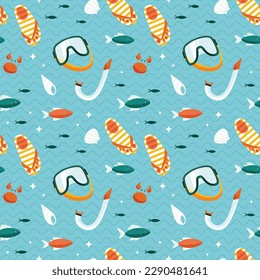summer pattern background. Colorful seamless summer pattern with hand drawn beach elements. Colorful summer seamless pattern.