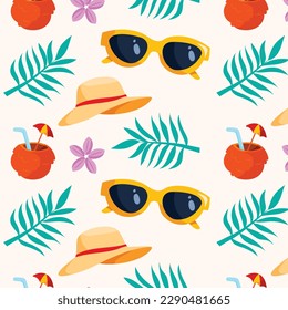 summer pattern background. Colorful seamless summer pattern with hand drawn beach elements. Colorful summer seamless pattern.