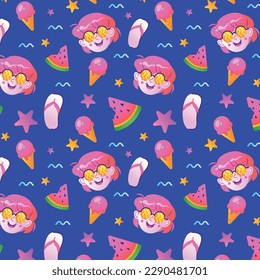 summer pattern background. Colorful seamless summer pattern with hand drawn beach elements. Colorful summer seamless pattern.