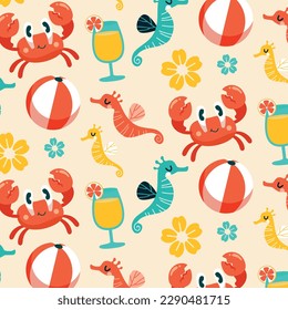 summer pattern background. Colorful seamless summer pattern with hand drawn beach elements. Colorful summer seamless pattern.