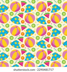 summer pattern background. Colorful seamless summer pattern with hand drawn beach elements. Colorful summer seamless pattern.