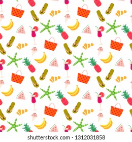 Summer pattern background with fruits, bag, star fish and sandal. Summertime seamless background summer icons.
