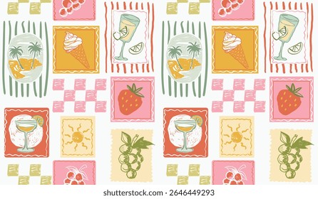 fundo padrão de verão. padrão de frutas. padrões de verão de primavera meninas. fundo desenhado à mão de morango. padrões mistos tropicais. fundo de tecido de moda feminino. allover imprimir papéis de parede