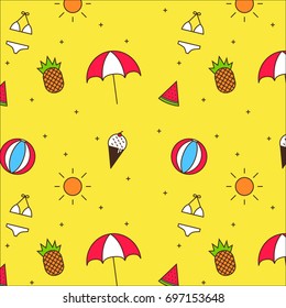 Summer pattern background. Holiday vibes. Summer illustration: beach ball, pineapple, bikini, umbrella, shining sun, watermelon, ice cream