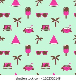 Summer pattern background. ice cream, watermelon, sunglasses, palm tree, camera. vector graphics