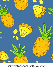 A summer pattern, a background with objects for recreation, weekends, and travel. Vector. Beach accessories, fresh juicy fruits, pineapple