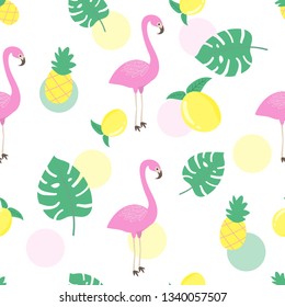 summer pattern background, palm leaves, lemon, flamingo, pineapple vector design.