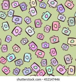 Summer pattern background. Vacation poster. Cameras on seamless background for summer design. Can be use for greeting and invitation card. 