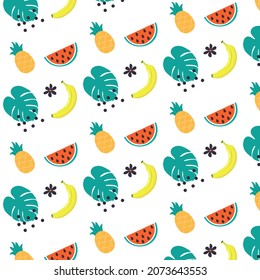 Summer pattern. Banana, ananas, flower and leaves.
