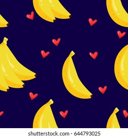 Summer pattern with bananas and hearts on black background. Cartoon style. Ornament for textiles and wrapping. Vector.