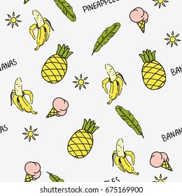 Summer pattern. Bananas, pineapples, ice creams. Vector illustration.