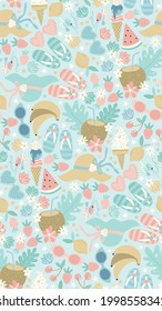 Summer pattern. Pattern with summer beach attributes. Summer vacation illustration with ice cream, strawberries, cocktails in coconut, watermelon, lemon, bananas, flowers, hats, flip-flops, sunglasses