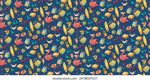 Summer pattern of beach elements. Seamless bright stylish and repeating beach pattern.