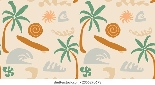 patrón de verano en elementos de playa para vectores, Colección de Verano, Mar, Surf, logotipos lineales tropicales, símbolos, iconos plantilla de diseño. Logotipo de vector modificable.