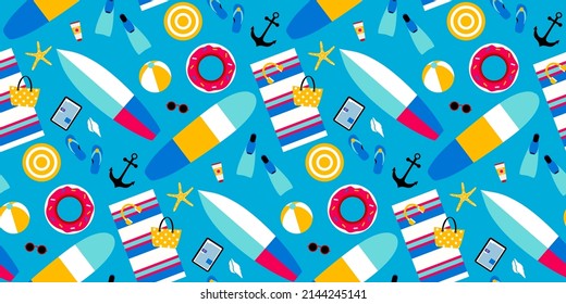 Summer pattern with beach funny objects on blue background. Summertime selements vector illustration

