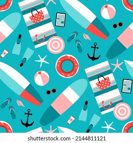 Summer pattern with beach funny objects on blue background. Summertime symbols vector illustration, surf board, sun glasses, swimming flipper, flip-flops, ring float..