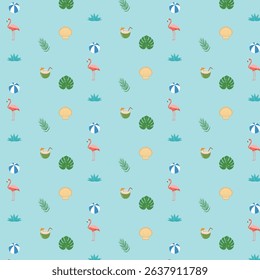 Summer pattern with beach items, flamingos, and green leaves