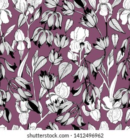 Summer pattern with beautiful flowers, iris. Hand draws field plants in ink. botanical illustration vintage. Sprig with leaves, buds, flowers. Design for print, vintage posters, wallpaper, textiles.