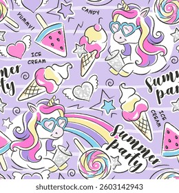 Summer pattern. Beautiful purple pool party unicorn pattern. Fashion illustration drawing in modern style