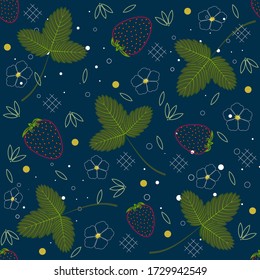 Summer pattern with berries, flowers and strawberry leaves colored on a blue background, vector illustration, design, print
