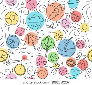 summer pattern, with bike, ball, flourishes, skateboard, shells and flowers.