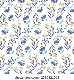  Summer pattern with blue flowers. Blue petals and leaves on white background, buds, rose in pastel color, tileable for wallpaper, card or fabric, fashion prints.