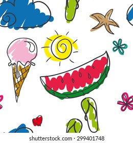 Summer pattern
Bright summer pattern consisting of recognizable signs of the summer! Juicy watermelon, ice cream cone, beach flip-flops, starfish, sunshine, cloud and heart. Everyone loves summer!