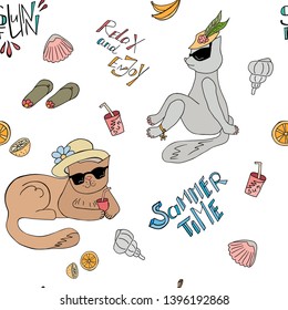 Summer pattern. Cats, beach slates, shells, bananas, citrus fruits, drinks, stylized inscriptions. Web, wrapping paper, textile, background.