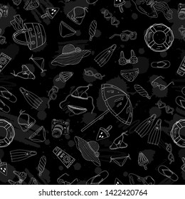 Summer pattern. Chalk style icons on black background.Holiday images on black backdrop. White and black texture. Design holiday print. Line style hand drawn illustration.