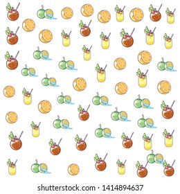 summer pattern of cocktails coconuts with juices and fruits
