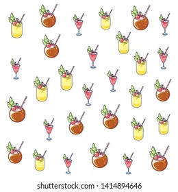 summer pattern of cocktails coconuts and juices fruits