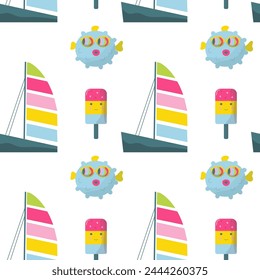 Summer pattern, cocktails, drinks, swimsuit, doodle, bag,, vector illustration