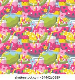 Sommermuster, Cocktails, Getränke, Badeanzug, Doodle, Tasche, Vektorillustration
