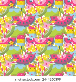 Summer pattern, cocktails, drinks, swimsuit, doodle, bag,, vector illustration