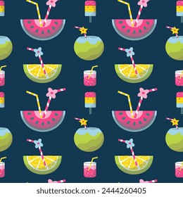 Summer pattern, cocktails, drinks, swimsuit, doodle, bag,, vector illustration