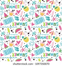 Summer pattern with cocktails, ice cream, beach umbrella, flip flops, watermelon and starfish. Seamless vector background.