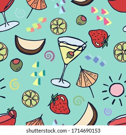 Summer pattern with cocktails, strawberries, coconut, fruit. Seamless vector background. Doodle style.