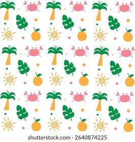 Summer Pattern with Coconut Tree, Sun, Oranger, Crab,and Leaf. Vector Seamless Pattern for Printing on Wallpaper, Paper, Gift Wrap and Fabric. Cute Seamless Pattern.