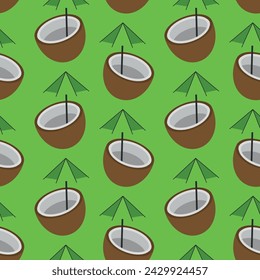 Summer Pattern of Coconut Water - Refreshing Coconut Drinks with Umbrella Straws in Green Background. Seamless Link