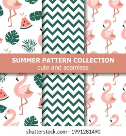 Colección de patrones de verano. Filamingo y sandía, cartel de verano. Vector