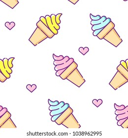 Summer pattern with colored ice cream and hearts on white background. Thin line flat design. Vector. 