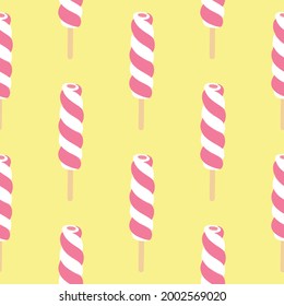 Summer pattern. Colorful seamless pattern of stick ice cream on a yellow background. Vector illustration.