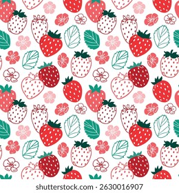 Summer pattern with colorful strawberries, leaves and flowers. Vector background in doodle style
