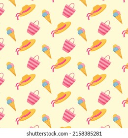 Summer pattern Cute beach bag capes and ice cream Vector illustration.
