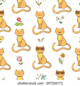 Summer pattern with cute cartoon cats and flowers on  white background. Kittens  in sunglasses. Vector image.  Children's illustration.