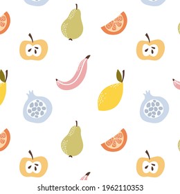 Summer pattern with cute fruits. Suitable for packaging, wallpaper, prints, fabrics, backgrounds. Vector pattern.