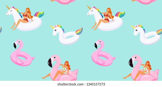 Summer pattern with cute girls in trendy swimsuits on inflatable swimming pools flamingos and unicorn. Vector seamless texture.