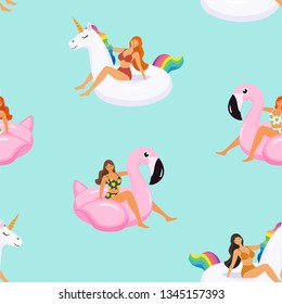 Summer pattern with cute girls in trendy swimsuits on inflatable swimming pools flamingos and unicorn. Vector seamless texture.