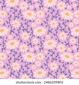 Summer pattern with cute hand drawn flowers. Doodle design with gentle nature florals.